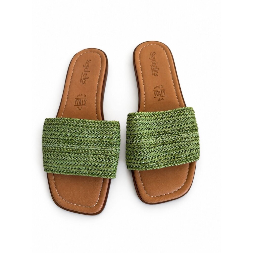Seychelles Womens Green Woven Raffia Slide Sandals Flats Italy Size 7